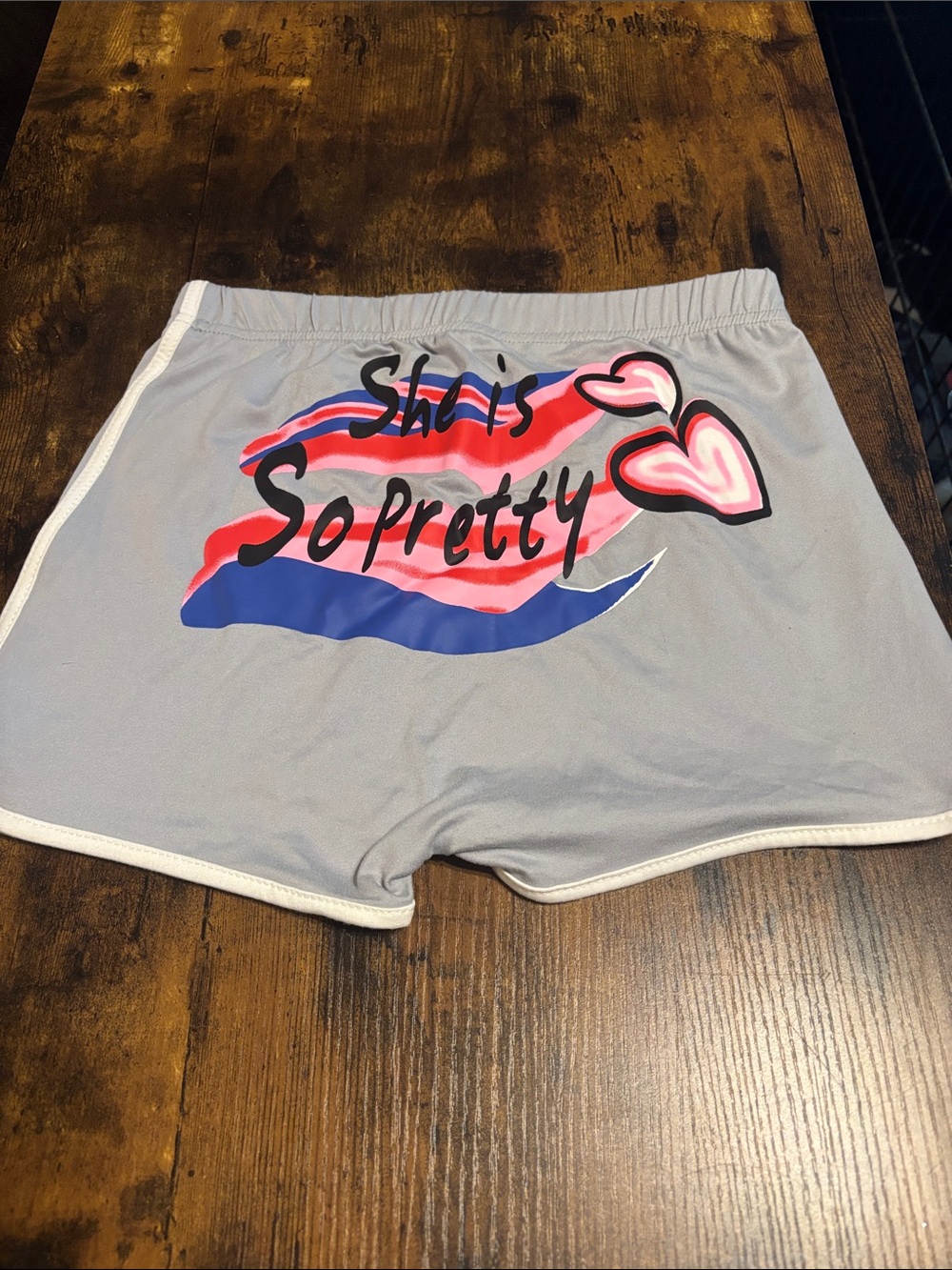SHEIN Grey Athletic Shorts with Red Pink and Blue Graphic